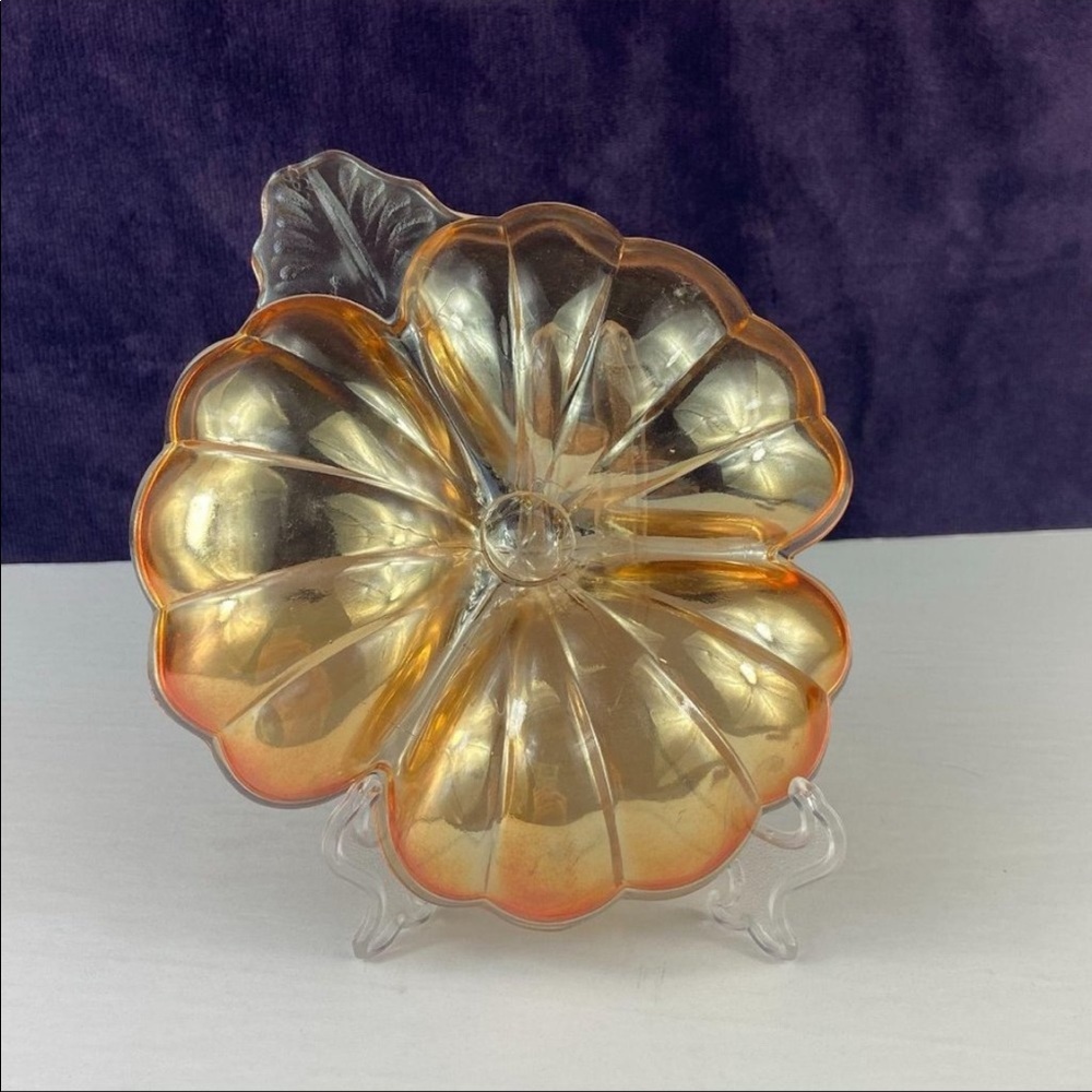 Jeannette Marigold Doric Shamrock, Clover Iridescent Carnival Glass Candy Dish